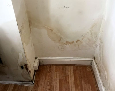 Water leak showing salt band above sealed wall areas